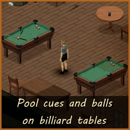 Pool cues and balls on billiard tables